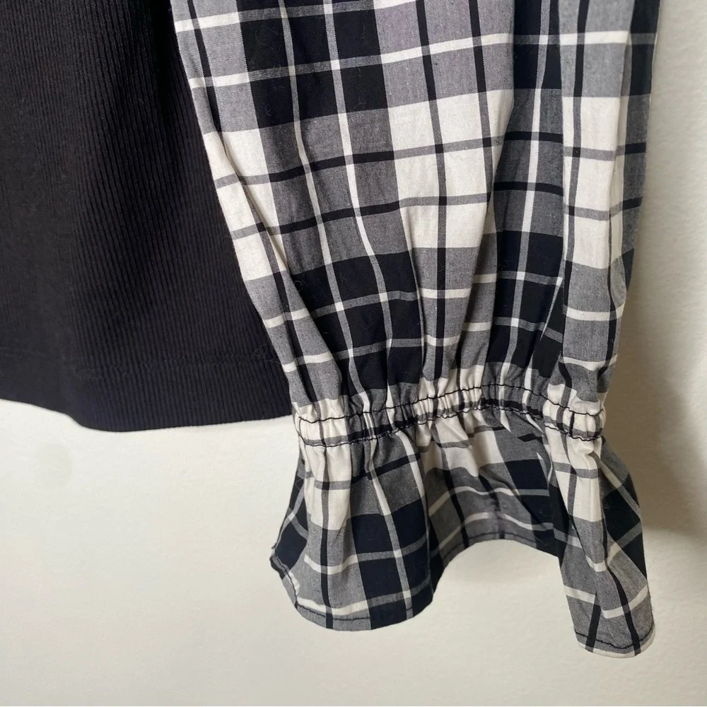 Loft Long Plaid Sleeve Knit Top Black Ivory Sz M
